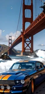 Vintage car in front of Golden Gate Bridge.