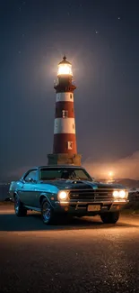 A vintage car parked near a lighthouse at night under a starry sky.