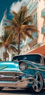 Vintage car under palm trees by a classic building.