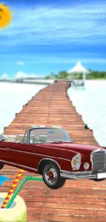 Classic vintage car on boardwalk by the sea.