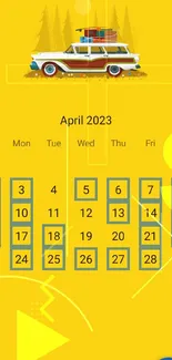 Vintage car wallpaper with April 2023 calendar on yellow background.