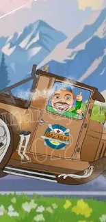 Cartoon vintage car driving through mountain scenery on a sunny day.