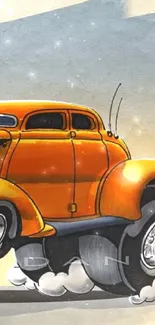 Vintage cartoon hot rod in bright orange with retro art style.