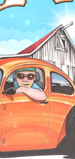 Cartoon vintage orange car with barn background.