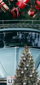 Vintage car with Christmas tree and holiday gifts mobile wallpaper.