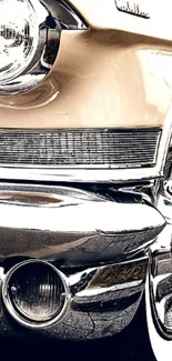 Close-up of a vintage car's chrome detailing and classic design.