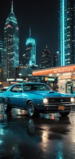 Classic blue car in vibrant night cityscape with bright lights.