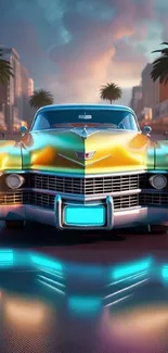 Vintage car driving on city street at sunset with palm trees.