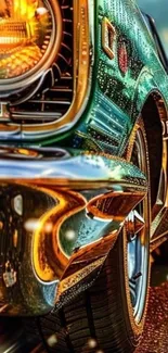 Close-up of a vintage car in vibrant colors, showcasing intricate design details.