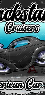 Vintage car club wallpaper with black car and blue background.