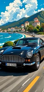 Vintage car driving along a scenic coastal road.
