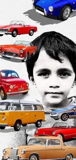 Wallpaper featuring monochrome portrait and vintage cars collage in retro style.