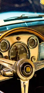 Vintage car dashboard with wooden steering wheel.