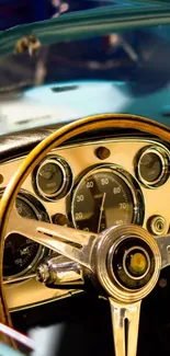 Vintage car dashboard with wood steering wheel and gauges.