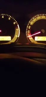 Vintage car dashboard with glowing gauges, emitting a warm neon light.