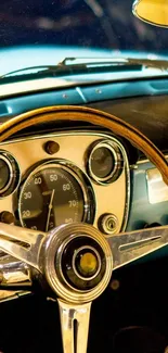 Vintage car dashboard with wooden steering wheel.