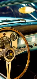 Vintage car dashboard with classic steering wheel and speedometer.