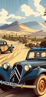 Vintage cars journeying through a scenic desert landscape.