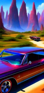 Vintage car driving through colorful desert with tall rock formations.