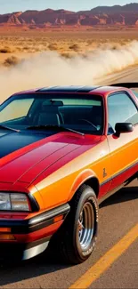 Vintage car speeds through desert landscape with vibrant orange-red hues.