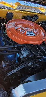 Close-up of vintage car engine in yellow vehicle with orange filter.