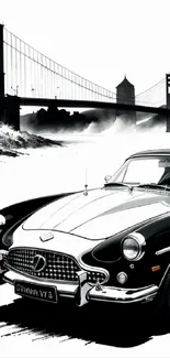 Black and white vintage car with Golden Gate Bridge backdrop.