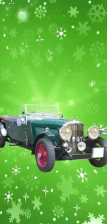 Vintage car on a green festive background with snowflake accents.