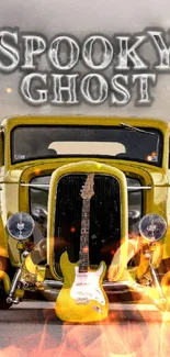 Vintage yellow car with guitar and 'Spooky Ghost' text on mobile wallpaper.