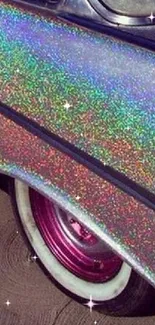 Holographic vintage car with sparkling metallic finish.