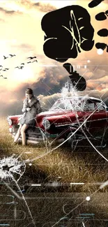 Artistic wallpaper with vintage car and dramatic sky.