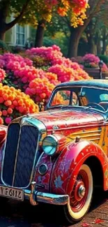 Vintage car amidst colorful blooming flowers in a picturesque setting.