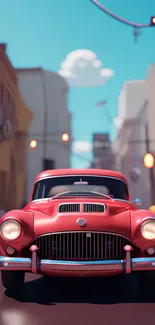 Vintage red car on a vibrant city street with clear blue sky.