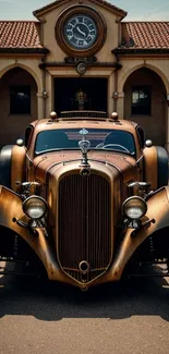 Vintage bronze car in front of classic building.