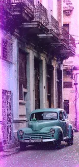 Classic teal car parked on a quaint Cuban street.