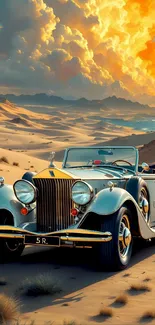 Vintage convertible car at sunset in the desert.