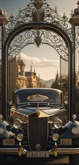 Vintage car parked by a majestic, ornate gate.