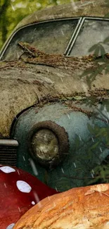 Rustic car in an enchanted forest with mushrooms and rain.