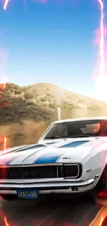 Vintage car surrounded by fiery flames under a bright blue sky.