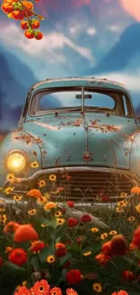 Vintage car in field with flowers and mountains.