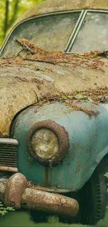 Rustic vintage car surrounded by forest greenery.