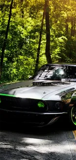 Vintage car with green accents in a sunlit forest.