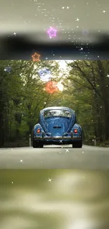 Blue beetle car on a forest road with colorful stars in the sky.