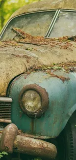 Vintage car surrounded by lush forest and greenery.