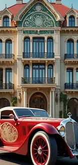 Vintage red car parked in front of grand mansion.