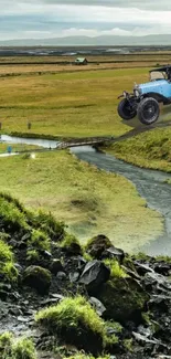 Vintage car set against lush green meadows under a cloudy sky.