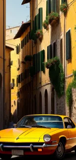 Vintage yellow car in Italian alley with green shutters and warm sunlight.