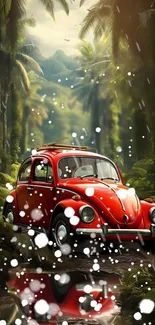 Vintage red car in vibrant jungle wallpaper with lush greenery.