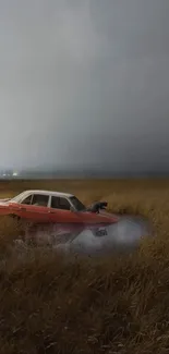 A vintage red car submerged in a misty field at dusk.