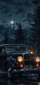 Vintage car parked in a moonlit forest at night.