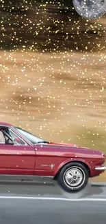 Maroon vintage car speeding under a starry sky.